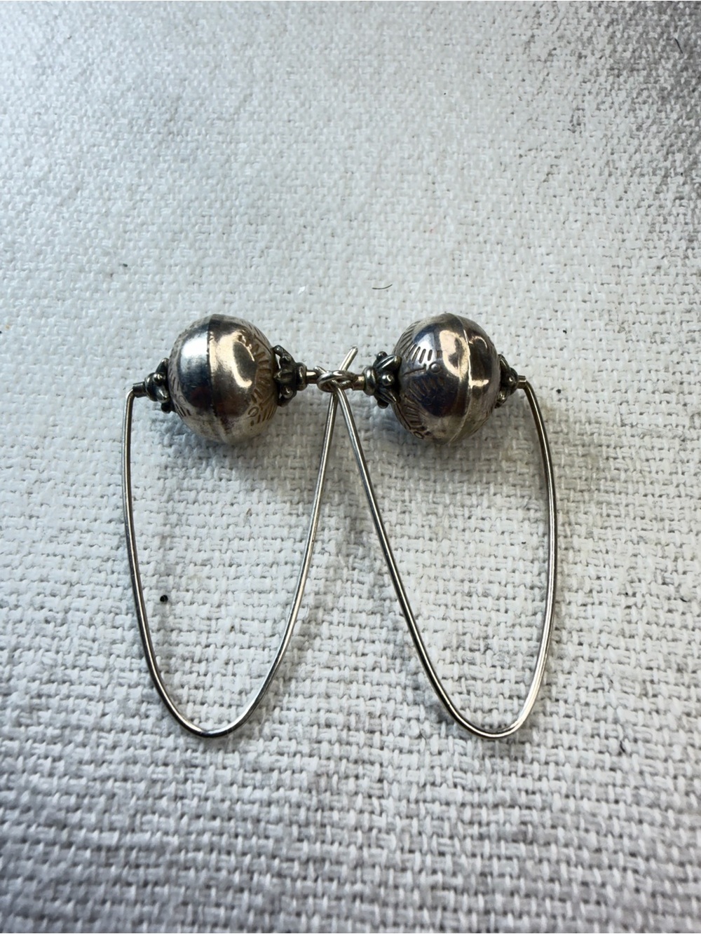 Vintage Sterling Silver Ethnic Bead Elongated Hoop Earrings
